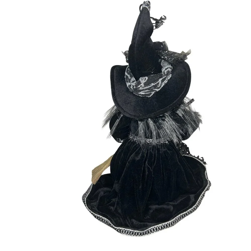 Porcelain Witch Doll Black Silver Velvet Dress Broomstick Halloween Collectible